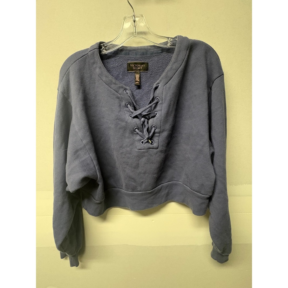 Victorias Secret Womens Lace Up Cropped Sweatshirt Blue Fleece Pullover Medium